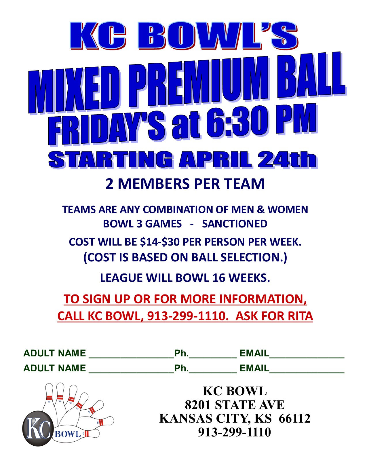 mixed premium ball league: Friday's at 6:30PM